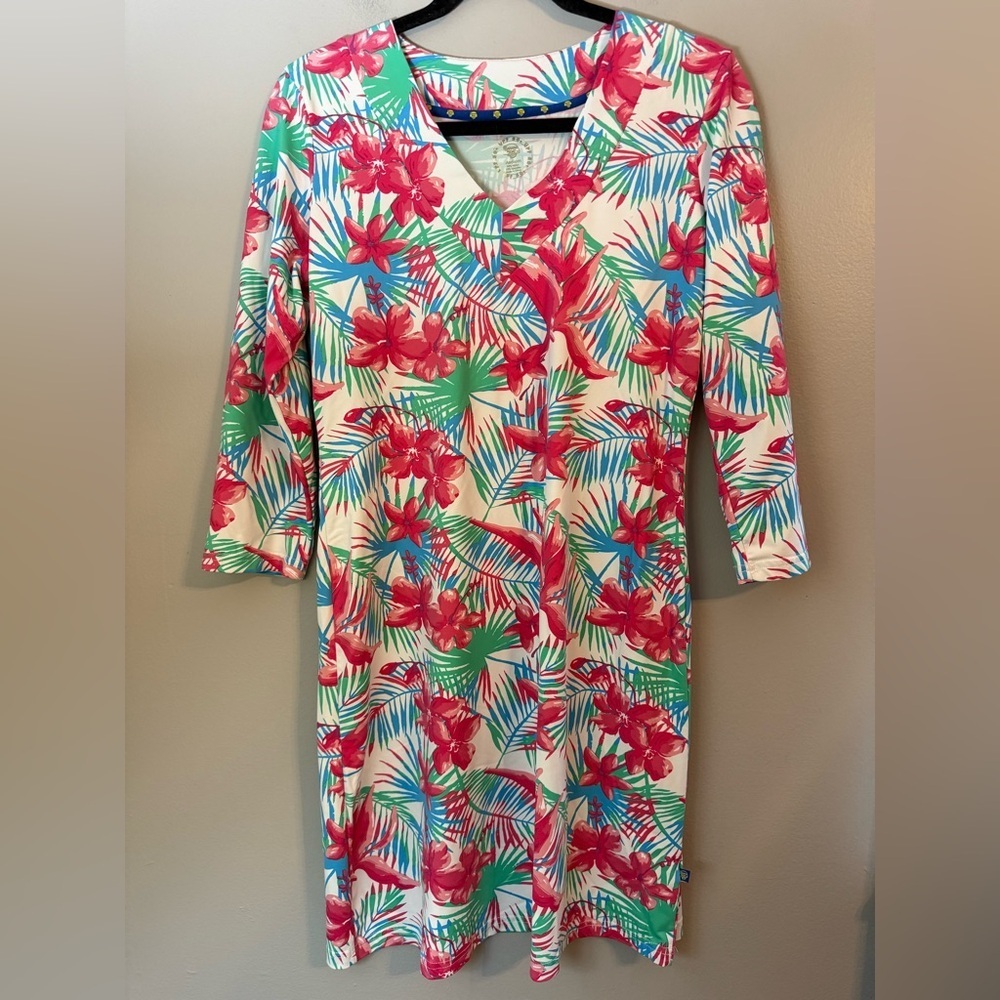 Banana Boat UPF 50+ Women's V-Neck Printed Sleeve Dress Floral Dress Size Medium